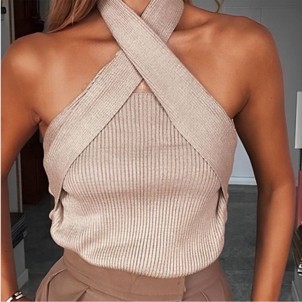 Commense Taupe Cross-Front Crop Top